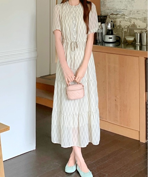 リネン 半袖 ワンピース ライトブラウンと水色の格子柄￼ リネンワンピース 】波ピンタックスタンドカラードレス / 灰桜