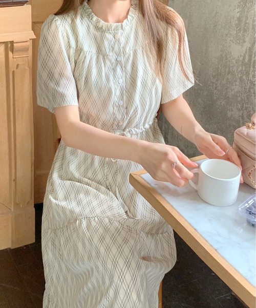 リネン 半袖 ワンピース ライトブラウンと水色の格子柄￼ FINEnough ワンピース 格子柄チェック半袖ヘンリーネック
