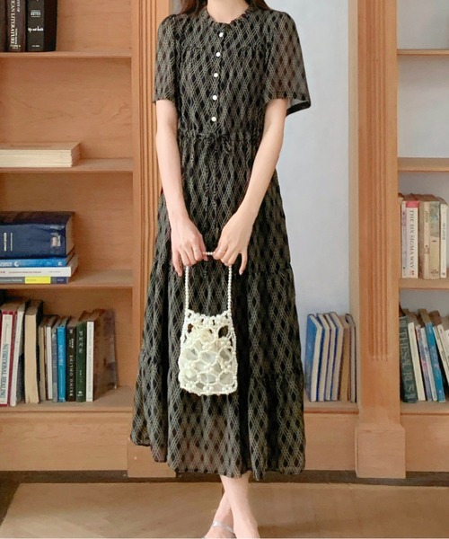 FINEnough ワンピース 格子柄チェック半袖ヘンリーネックワンピース