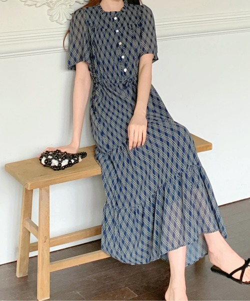 FINEnough ワンピース 格子柄チェック半袖ヘンリーネックワンピース