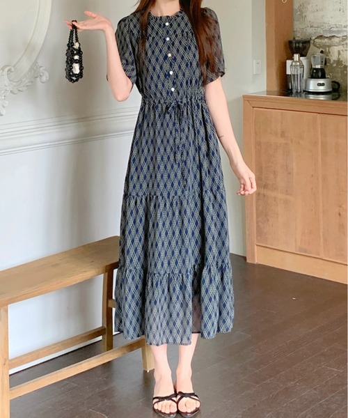 【新品未使用タグ付】M&kyoko・幾何学模様 半袖ニットワンピース FINEnough ワンピース 格子柄チェック半袖ヘンリーネックワンピース