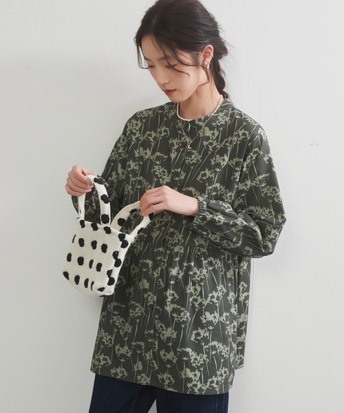プランテーション　ブロックチェックコットンリネンブラウス　ゆったりめ　綿麻　緑系 On One's Own リネンシャツ ブラウス シャツ 綿100％深緑のプリント