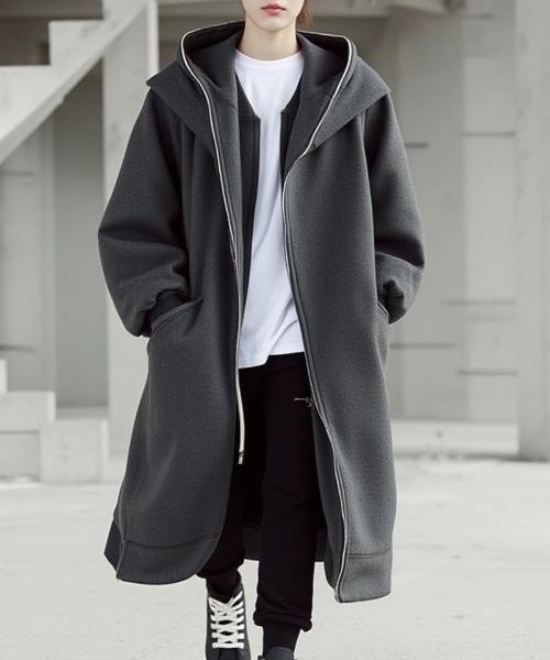cammie パーカー ジップトリミングフードロングジャケット レディース