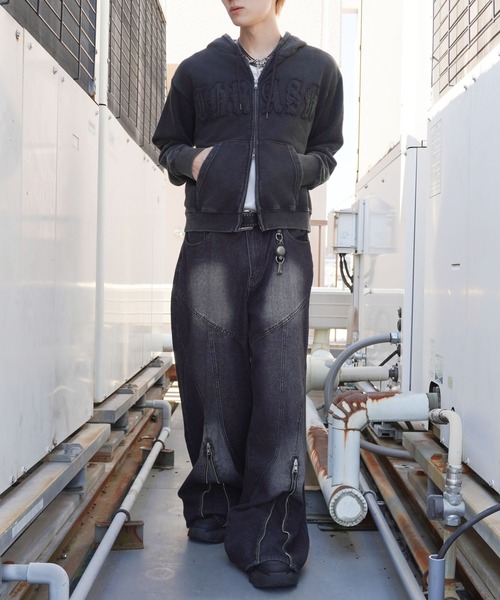 短丈パーカー SPINNS パーカー 短丈ダブルジップパーカー/パッチワークロゴ