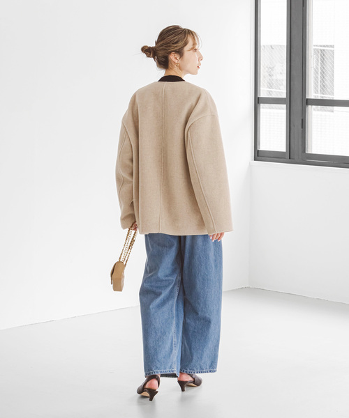 【美品】NOBLEノーブル　ノーカラーコート ジップアップコート ベージュ 34 追加》キャメルミックスリバージップコート（その他ブルゾン／アウター