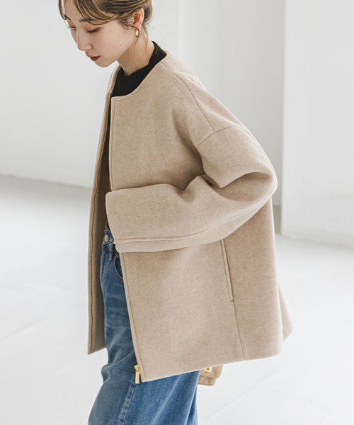 【美品】NOBLEノーブル　ノーカラーコート ジップアップコート ベージュ 34 NOBLE（ノーブル） ジップアップブルゾン 34 ベージュ レディース