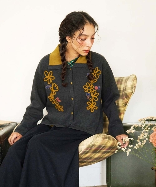 ホコモモラ（JOCOMOMOLA）/Palque Wフェイス フラワーモチーフニットカーディガン Jocomomola（ホコモモラ） カーディガン Palque Wフェイス フラワー