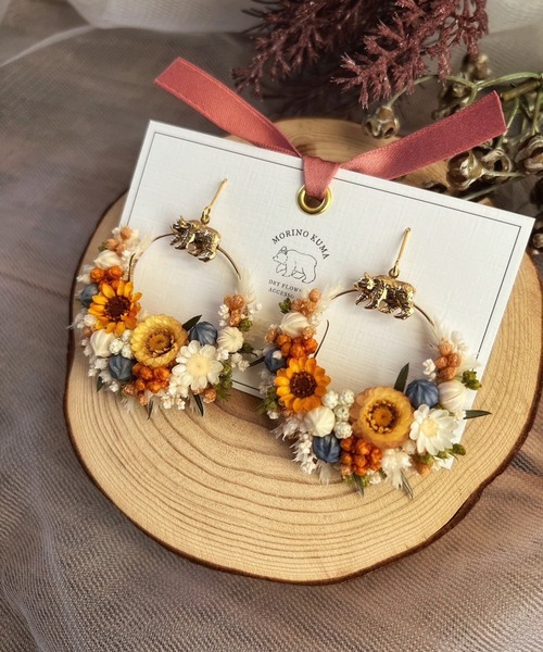 MORINOKUMA（モリノクマ） ピアス 秋なドライフラワーリース大ぶり