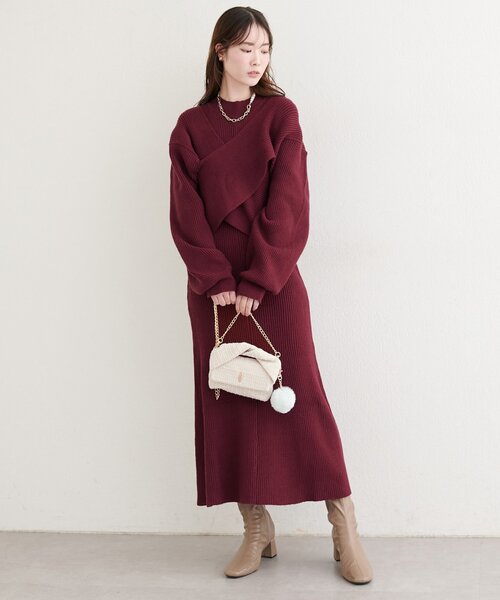 natural couture ワンピース 前後2WAYクロスリボンニット×ワンピース