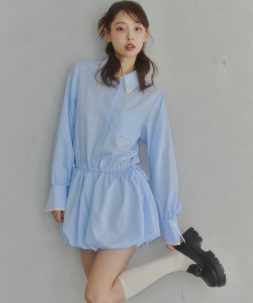 lallanaライトブルー シャツドレス Lallana（ララーナ） シャツワンピース Layered Collar Balloon Shirt