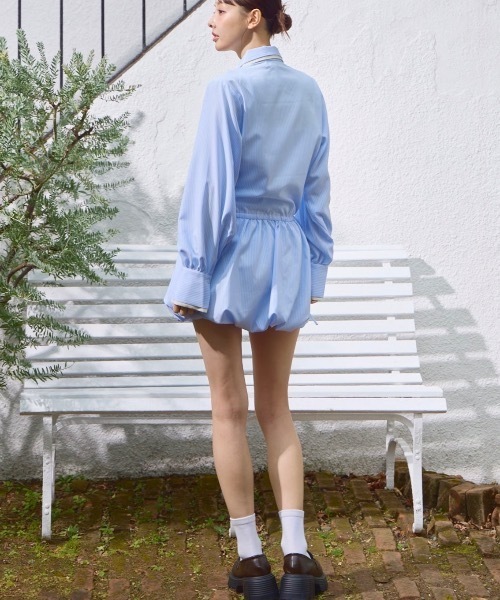 lallanaライトブルー シャツドレス Lallana（ララーナ） シャツワンピース Layered Collar Balloon Shirt