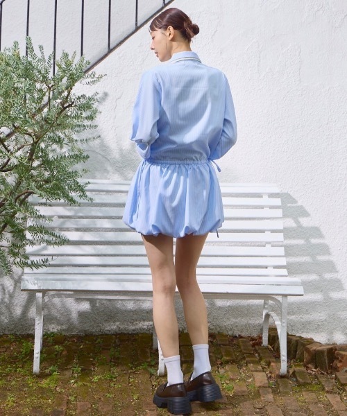 lallanaライトブルー シャツドレス Lallana（ララーナ） シャツワンピース Layered Collar Balloon Shirt