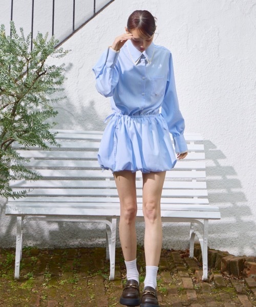 lallanaライトブルー シャツドレス Lallana（ララーナ） シャツワンピース Layered Collar Balloon Shirt