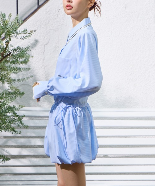 lallanaライトブルー シャツドレス Lallana（ララーナ） シャツワンピース Layered Collar Balloon Shirt