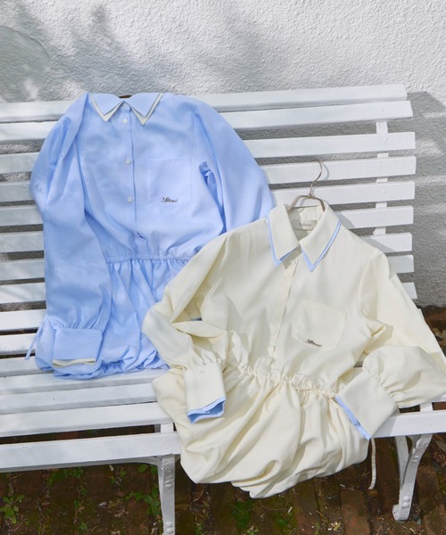 lallanaライトブルー シャツドレス Lallana（ララーナ） シャツワンピース Layered Collar Balloon Shirt