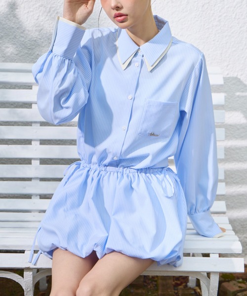 lallanaライトブルー シャツドレス Lallana（ララーナ） シャツワンピース Layered Collar Balloon Shirt