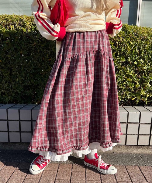 WC ロング スカート フリルレイヤードチェックロングスカート