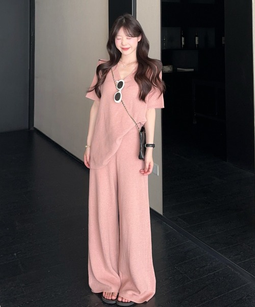 Aelina セットアップ 半袖Vネックニットセットアップ レディース