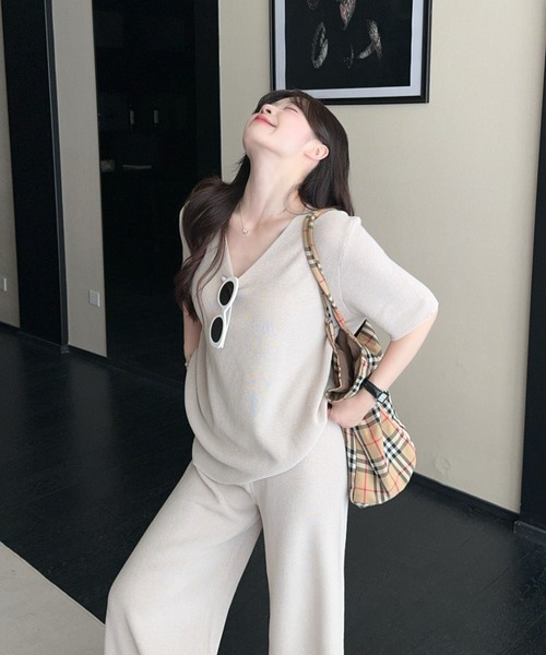 Aelina セットアップ 半袖Vネックニットセットアップ レディース