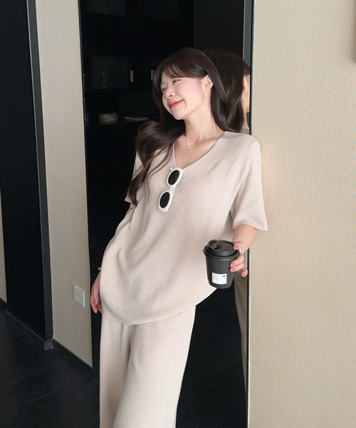 Aelina セットアップ 半袖Vネックニットセットアップ レディース