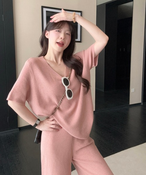 Aelina セットアップ 半袖Vネックニットセットアップ レディース