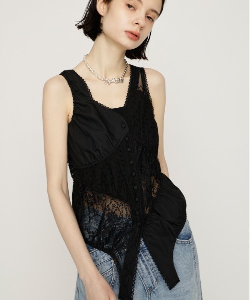 極美品☆ビアズリー レース裏毛チュニック アシンメトリー 変形ブラウス 切替 黒 SLY（スライ） ブラウス シャツ ASYMMETRY PATCHWORK LACE GILET