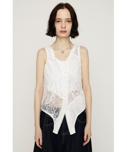 【美品】 ビアズリー レース 麻 変形ブラウス 切替 刺繍 アシンメトリー SLY（スライ） ブラウス シャツ ASYMMETRY PATCHWORK LACE GILET