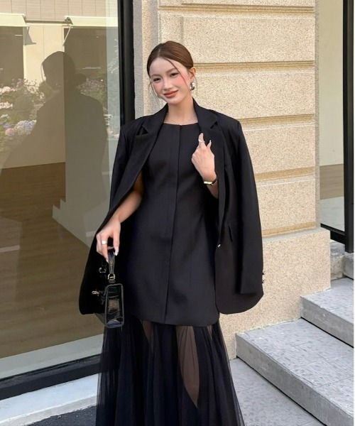 ドレス 異素材チュール切り替え シアー ボリュームスカート ドッキング 