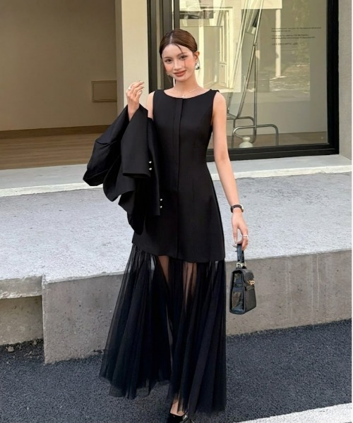 ドレス 異素材チュール切り替え シアー ボリュームスカート ドッキング 
