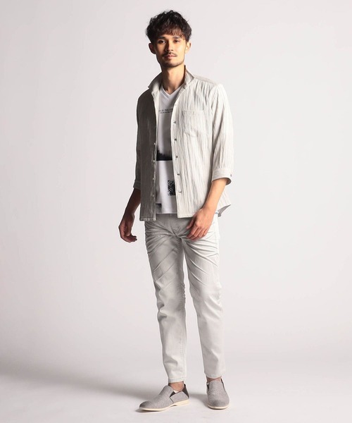 NICOLE CLUB FOR MEN シャツ カラープリーツ7分袖スタンドカラー
