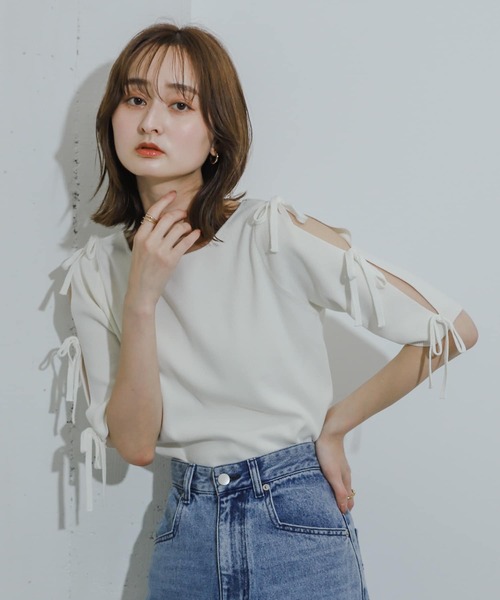 HEYUMM ニット セーター リボンスリットスリーブセーター(5分袖