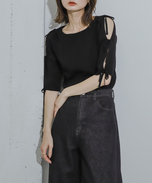 ニット セーター リボンスリーブニットTOP レディース HEYUMM ニット セーター リボンスリットスリーブセーター(5分袖