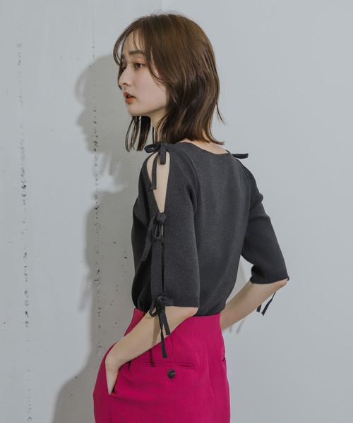 HEYUMM ニット セーター リボンスリットスリーブセーター(5分袖