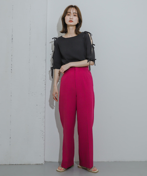 ニット セーター リボンスリーブニットTOP レディース HEYUMM ニット セーター リボンスリットスリーブセーター(5分袖