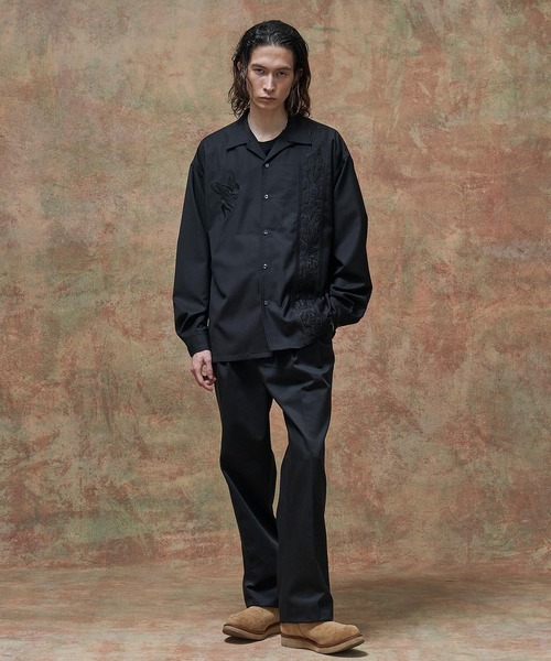 SNKD OPEN COLLAR SHIRT ブラック 刺繍シャツ MSML シャツ EMBROIDERY OPEN COLLAR SHIRT / 刺繍 開襟 シャツ メンズ