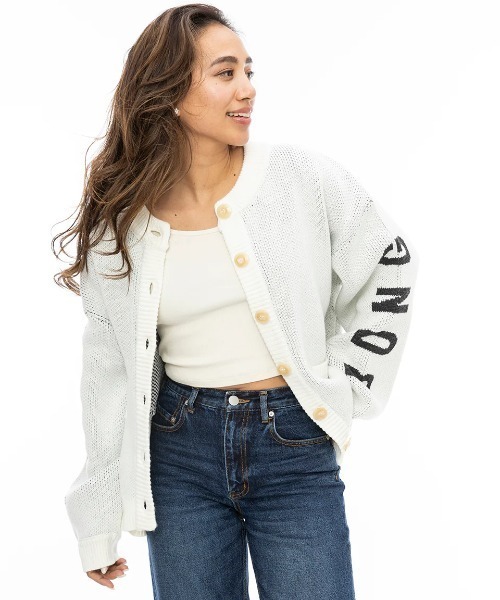 カーディガン BILLABONG レディース LOGO JACQUARD SWEATE/ビラボンビッグロゴ袖プリントニットカーディガン レディース