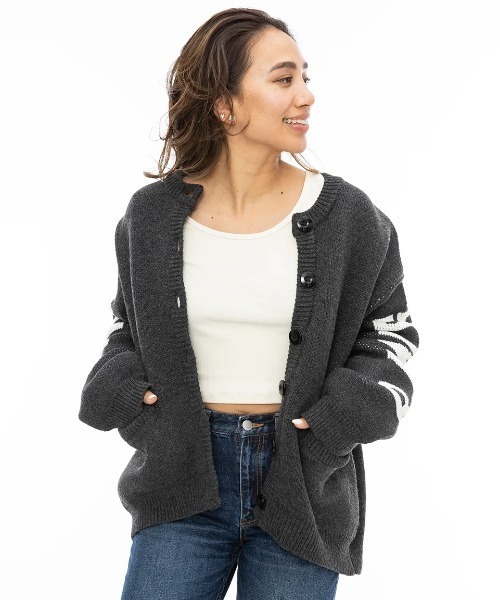 カーディガン BILLABONG レディース LOGO JACQUARD SWEATE/ビラボンビッグロゴ袖プリントニットカーディガン レディース BILLABONG カーディガン レディース LOGO JACQUARD SWEATE