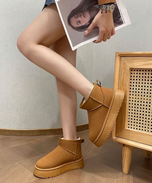 ブーツ 「裏ボア」厚底ムートンあったかショートブーツ レディース