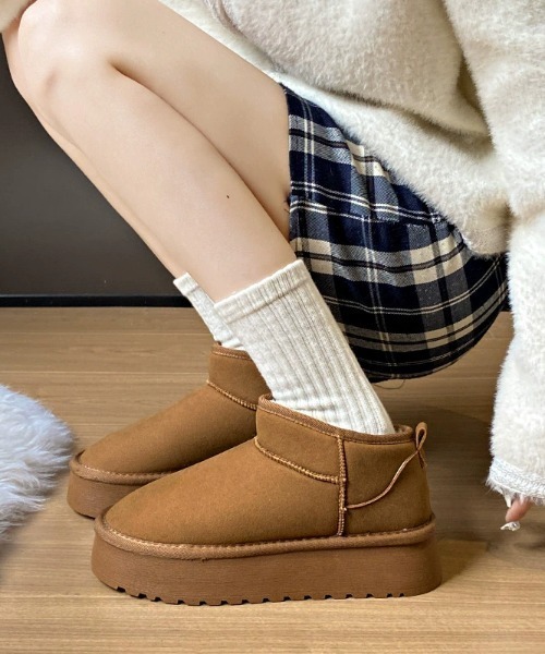 ブーツ 「秋冬定番」「裏ボア」厚底ムートンあったかショートブーツ