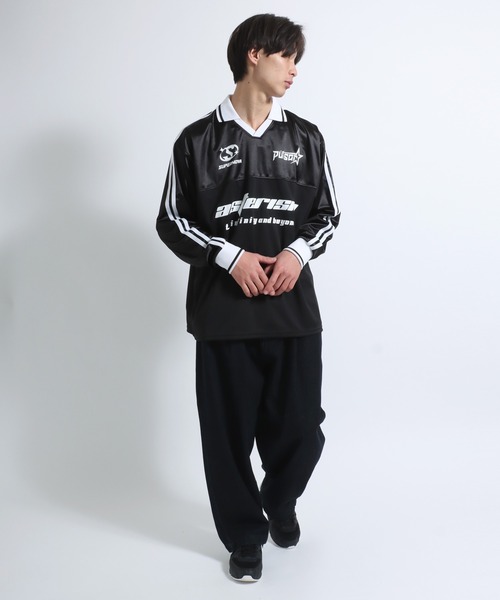 ロングTシャツ ゲームシャツ ユニフォーム風 スポーティ tシャツ グロッシーシャイニーサッカーユニフォームロンT/長袖