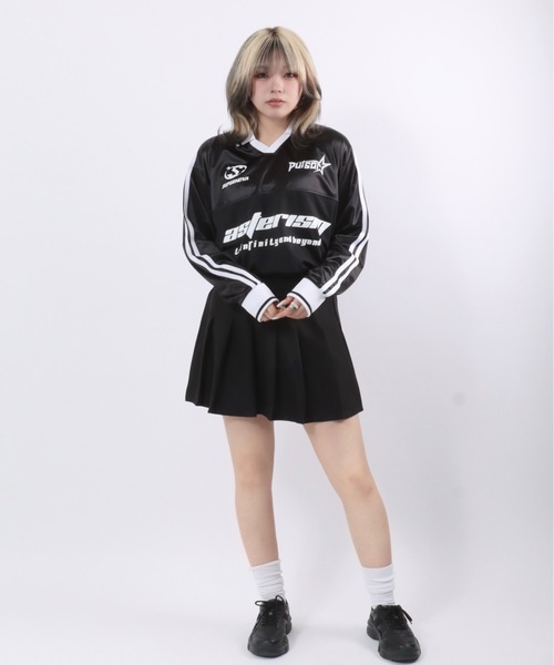 tシャツ サッカージャージブラウス レディース tシャツ グロッシーシャイニーサッカーユニフォームロンT/長袖