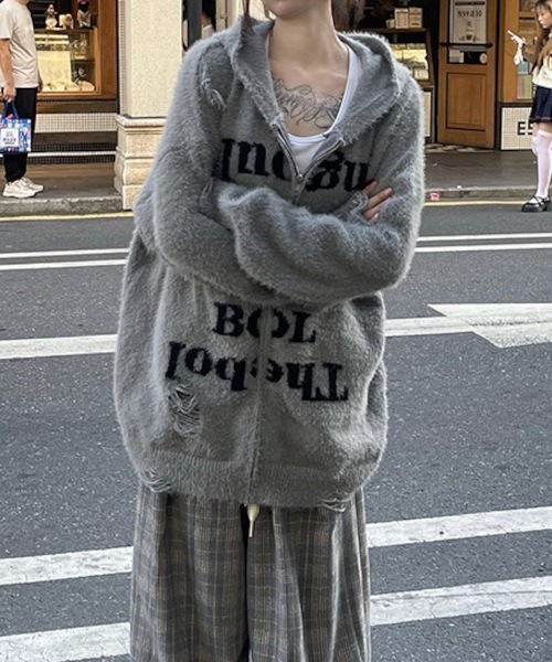 パーカー 「MASHIRO」ダメージ加工ニットロゴジップルーズパーカー/グランジ Y2K（MA/EK92） レディース メンズ ARCHIVER パーカー 「Bz」ダメージ加工ニットロゴジップルーズ