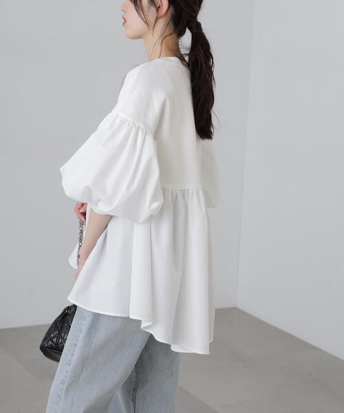 ブラウス シャツ 「フリル＆フリル／大人フェミニン」チュニックブラウス レディース She's Closet ブラウス シャツ ビッグカラーギャザー半袖リボン