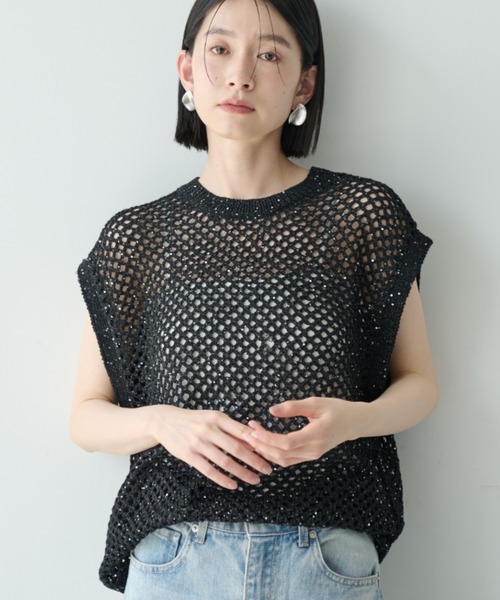 Shelly island ベスト ジレ ラメメッシュベスト レディース