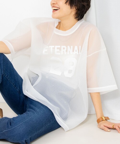 tシャツ プリントメッシュスリーブＴシャツ レディース Rie Miller tシャツ ダンボールメッシュプリントTシャツ