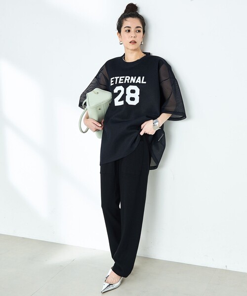 tシャツ プリントメッシュスリーブＴシャツ レディース Rie Miller tシャツ ダンボールメッシュプリントTシャツ