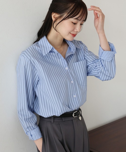 BLUEEAST ブラウス シャツ カラーストライプシャツ レディース