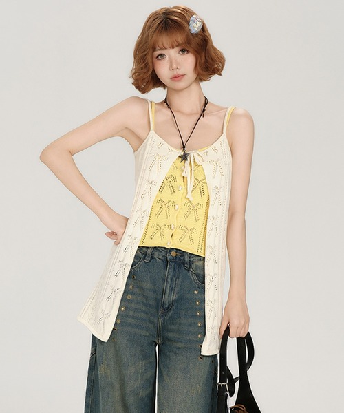 tシャツ 透かしリボン レイヤードデザイン キャミソールニットトップス GH25s069「Girlyhalo」 レディース