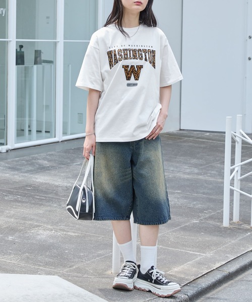MONO-MART tシャツ カレッジレオパードパッチロゴ刺繍半袖T