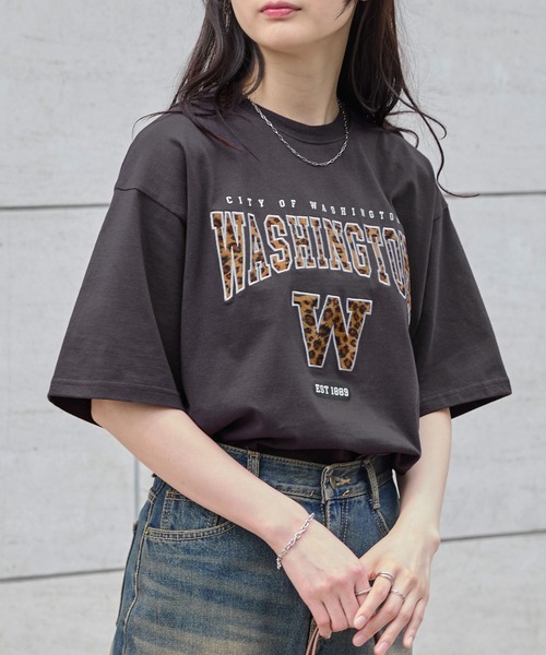 MONO-MART tシャツ カレッジレオパードパッチロゴ刺繍半袖T